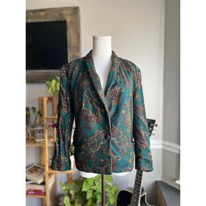 Vintage 90s Teal Green Burgundy Yellow Paisley Cropped Blazer Size Small